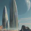 这是一个外星球的复古未来主义场景，三个大型、光滑的椭圆形结构高高矗立在前方的地面上。天空清澈蔚蓝，背景中可见两颗卫星。在图片的一个角落，还有另一个类似于巨大圆顶或圆锥形的结构，增加了规模感和奇妙感。以约翰·伯基的风格。--ar 11：16 --v 6.0