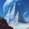 A blue sky with three large planets in the background, a few huge triangle-shaped structures on top of desert-like terrain below, in the style of Roger Dean and Jean Giraud, sci-fi fantasy illustratio