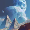 蔚蓝的天空，背景是三颗大型行星，下面沙漠般的地形顶部有几个巨大的三角形结构，采用罗杰·迪恩和让·吉罗的风格，科幻奇幻插图、笔触、油画、纹理、干净的线条、扁平的色彩、高度细致、超高分辨率、超现实。--ar 11：16 --v 6.0 