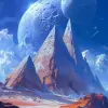 A blue sky with three large planets in the background, a few huge triangle-shaped structures on top of desert-like terrain below, in the style of Roger Dean and Jean Giraud, sci-fi fantasy illustratio