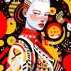 一个五官精致、皮肤白皙的华丽女孩，穿着时尚套装和色彩缤纷有趣的精致装饰和几何图案设计，具有极简主义的绘画风格，只有切尔西黄为背景，配色主要是切尔西黄、黑白、平面插图、孟菲斯极简时尚插图--ar 3：4 --niji 5