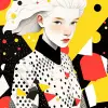 一个五官精致、皮肤白皙的华丽女孩，穿着时尚套装和色彩缤纷有趣的精致装饰和几何图案设计，具有极简主义的绘画风格，只有切尔西黄为背景，配色主要是切尔西黄、黑白、平面插图、孟菲斯极简时尚插图--ar 3：4 --niji 5