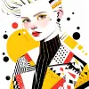 一个五官精致、皮肤白皙的华丽女孩，穿着时尚套装和色彩缤纷有趣的精致装饰和几何图案设计，具有极简主义的绘画风格，只有切尔西黄为背景，配色主要是切尔西黄、黑白、平面插图、孟菲斯极简时尚插图--ar 3：4 --niji 5