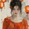 一个女孩在拿着灯笼的桌子上读书的中国插图，浅米色和橙色风格，自由笔触，bloomcore，studyplace，迷人的人物，高分辨率，高质量的照片--ar 73：97 --styleum 750 --v 6