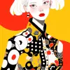一个五官精致、皮肤白皙的华丽女孩，穿着时尚套装和色彩缤纷有趣的精致装饰和几何图案设计，具有极简主义的绘画风格，只有切尔西黄为背景，配色主要是切尔西黄、黑白、平面插图、孟菲斯极简时尚插图--ar 3：4 --niji 5