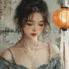 一个女孩在拿着灯笼的桌子上读书的中国插图，浅米色和橙色风格，自由笔触，bloomcore，studyplace，迷人的人物，高分辨率，高质量的照片--ar 73：97 --styleum 750 --v 6