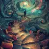 梦幻般的插图，描绘了通往宇宙的无限阶梯，每一级都有书籍和人物。其中心的人物正在上面行走，象征着魔幻现实主义风格的不断学习。深色的色调和发光的光创造出深度，而漩涡图案则暗示着广阔。--ar 59：82 --v 6.0