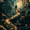 梦幻般的插图，描绘了通往宇宙的无限阶梯，每一级都有书籍和人物。其中心的人物正在上面行走，象征着魔幻现实主义风格的不断学习。深色的色调和发光的光创造出深度，而漩涡图案则暗示着广阔。--ar 59：82 --v 6.0