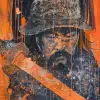 戴头盔持剑的中国古代人，Zeen Chin风格，视频，古泰群，文化讽刺涂鸦，hajime yatate，dau al set，深橙色--ar 91：128 --v 6.0 