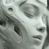 一个穿着非常精致的白色礼服的女人，具有机器人图案、现代珠宝、错综复杂的网状风格，iris van herpen、Philippe buchet、sabattier效应，anne deawilly-ar 182：255 --s 1000 --c 100 --风格原始