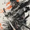 戴头盔持剑的中国古代人，Zeen Chin风格，视频，古泰群，文化讽刺涂鸦，hajime yatate，dau al set，深橙色--ar 91：128 --v 6.0 