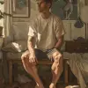 一名男子坐在卧室的长凳上，穿着时尚核心、海军蓝和米色风格的短裤，rtx、tondo、逼真的照片、有社交意识的、Talbot hupdane--v 6.0 --ar 91：128