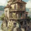 迈克·汉克斯（Mike Hanks）的神奇女侠水彩画，以幻觉建筑元素风格，故事书插图，现实主义细节，意大利风景，32 k uhd，漫画艺术，高角度--ar 239：320 --s 750 --q2--v5