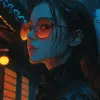 老式房子旁边戴着太阳镜的女人，赛博朋克漫画风格，ross tran，中国肖像，深黑色和浅琥珀色，大胆的图形插图，中国传统，多层色场--ar 73：98 --styleston 750