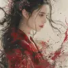 a painting of a woman in red with black hair, in the style of delicate ink washes, epic fantasy scenes, chinese painting, splattered/dripped, white background, traditional costumes, soft focus lens --