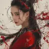 a painting of a woman in red with black hair, in the style of delicate ink washes, epic fantasy scenes, chinese painting, splattered/dripped, white background, traditional costumes, soft focus lens --