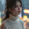 女孩，白色毛衣，站在一座城市，以kenro izu的风格，pierre-mony chan --ar 73：98 --styminster 750 --v 6