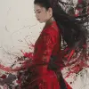 a painting of a woman in red with black hair, in the style of delicate ink washes, epic fantasy scenes, chinese painting, splattered/dripped, white background, traditional costumes, soft focus lens --