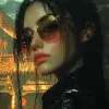 老式房子旁边戴着太阳镜的女人，赛博朋克漫画风格，ross tran，中国肖像，深黑色和浅琥珀色，大胆的图形插图，中国传统，多层色场--ar 73：98 --styleston 750