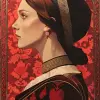中世纪年轻女王，带有大钻石插图，r风格。kenton nelson、marie bashkirtseff、Konstantin yuon、红色和紫红色、细致入微的静物画、丝网印刷、现实细节--ar 11：15 --v 6.0