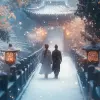中国风，空灵的人物，汉服婚礼中的两个人行走在中国古代花园的白雪中，空灵的背景，细腻的线条和流畅的纹理，采用浅蓝绿配色，柔和的灯光营造出梦幻般的氛围，浪漫的情感。以浪漫情感的风格。--ar 47：64 --styminster 750