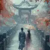 中国风，空灵的人物，汉服婚礼中的两个人行走在中国古代花园的白雪中，空灵的背景，细腻的线条和流畅的纹理，采用浅蓝绿配色，柔和的灯光营造出梦幻般的氛围，浪漫的情感。以浪漫情感的风格。--ar 47：64 --styminster 750