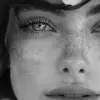woman, sakura black & white, in the style of delicate modeling, strong facial expression, natural beauty, light red and light amber, mamiya 7 ii, distinctive noses, pointillist: tiny dots --ar 74: