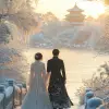 中国风，空灵的人物，汉服婚礼中的两个人行走在中国古代花园的白雪中，空灵的背景，细腻的线条和流畅的纹理，采用浅蓝绿配色，柔和的灯光营造出梦幻般的氛围，浪漫的情感。以浪漫情感的风格。--ar 47：64 --styminster 750