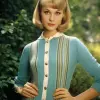 玛丽·汉福德（Mary Handford）风格的全身女性，穿着一件优雅的蓝色镶边针织开衫。她是金发女郎，留着中等长度的头发，以展示她的发型。背景调色板包括绿蓝色调。20世纪60年代复古杂志照片。--ar 47：64 --v 5.2