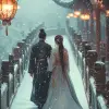 中国风，空灵的人物，汉服婚礼中的两个人行走在中国古代花园的白雪中，空灵的背景，细腻的线条和流畅的纹理，采用浅蓝绿配色，柔和的灯光营造出梦幻般的氛围，浪漫的情感。以浪漫情感的风格。--ar 47：64 --styminster 750