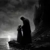 黑白插图，描绘了夜晚在岩石海滩上，冷酷的死神站在一名双膝跪地的惊恐女子身上，她留着刘海的短发，穿着古斯塔夫·多雷（Gustave Doré）和Zdzisaw Beksizski）风格的黑色连衣裙，黑色奇幻风格--v 5.2 --ar 47：64