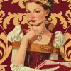 中世纪年轻女王，带有大钻石插图，r风格。kenton nelson、marie bashkirtseff、Konstantin yuon、红色和紫红色、细致入微的静物画、丝网印刷、现实细节--ar 11：15 --v 6.0