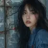 a girl wearing overalls poses for the camera, in the style of shige's visual aesthetic style, wavy, dark azure, minimalist beauty, slumped/draped, gongbi, frayed --ar 71:89 --stylize 750 --v 6