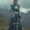 站立的皇家女士骑士穿着蓝色闪亮的盔甲，草地，劳拉·马卡布雷斯库（Laura Makabresku）、乔尔·斯特恩菲尔德（joel sternfeld）的风格，绘画现实主义，电影视角--ar 4：5 --v6.0--原始风格