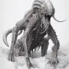 铅笔画的是一个有着大触手和爪子的外星异形，仰面躺在雪地里，特写镜头，复古风格，灰色背景，低角度视图，全身，高对比度，高分辨率，非常详细，准确的细节，准确的解剖学，没有阴影，详细的纹理--ar 51：64 --v 5.2 