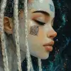 维纳斯画作的诞生，纯白闪亮半透明皮肤的机器人，带有大型部落qrcode纹身数字纹身和网络软件在恒星和云层的深海上增强，波提切利风格，蓝色水晶眼睛，人形机器人，辫子--ar 4：5 --s 750