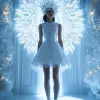 美丽的外星模特的全身肖像、Iris van Herpen风格的复杂花丝水晶连衣裙、发光的灯光、空灵的背景、对称的构图、淡白色和深蓝色、工作室摄影、超现实、超细节、超真实--ar 4：5 --s 250