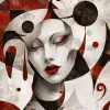 伊戈尔·莫尔斯基（igor Morski）风格的xora女士、宇宙小丑、布莱斯3D、深白色和红色、列昂托·卡皮洛（Leonetto Cappiello）、混合图案、激烈的特写--ar 74：93 --v 6.0 --风格原始--s 50 