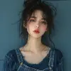 a girl wearing overalls poses for the camera, in the style of shige's visual aesthetic style, wavy, dark azure, minimalist beauty, slumped/draped, gongbi, frayed --ar 71:89 --stylize 750 --v 6