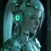 Elf Galadriel在黑暗中穿着机器人服装，戴着耳机，风格daz 3d、动漫艺术、青色和黑色、Ricoh ff-9d、sandalpunk、babycore --ar 4：5 --s 250 --v 6.0
