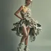 一位皮肤粗糙的女性的高级时尚肖像，穿着一件由破烂的塑料袋和亚历山大·麦奎因风格的布料制成的连衣裙，背景为淡灰色，配有动态灯光，用相机拍摄的全身照片--ar 51：64 --s 50
