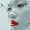 这是一位亚洲女性的肖像，她有着陶瓷般的皮肤，裂开的脸，下面是银色的金属，涂着红色的口红和控制论的眼睛。时尚摄影，超现实主义风格。--ar 4：5 --v 6.0 --风格原始--s 500