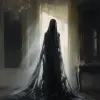 一幅画中，一个修长的幽灵般的人物站在维多利亚时代的旧卧室里，全身穿着黑衣，脸上披着飘逸的长长面纱斗篷。外面的光线透过后面的窗户照射进来，在一面墙上投下阴影，就像格雷格·鲁特科斯基（Greg Rutkowski）的风格。--ar 51：64 --style raw --v 5.2