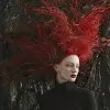 瑞典美发师mara senilin穿着一套黑色套装，红色线条风格，自然灵感的形式，帕特里克·凯利，jeeyweldane lee，wetcore，jocelyn hobbie --ar 51：64 --v 6.0 --风格原始