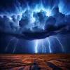 A dramatic photograph of an intense thunderstorm with dark clouds and lightning, creating intricate patterns in the sky over open plains. The scene is captured using high-resolution photography techni