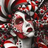 伊戈尔·莫尔斯基（igor Morski）风格的xora女士、宇宙小丑、布莱斯3D、深白色和红色、列昂托·卡皮洛（Leonetto Cappiello）、混合图案、激烈的特写--ar 74：93 --v 6.0 --风格原始--s 50 