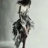 一位皮肤粗糙的女性的高级时尚肖像，穿着一件由破烂的塑料袋和亚历山大·麦奎因风格的布料制成的连衣裙，背景为淡灰色，配有动态灯光，用相机拍摄的全身照片--ar 51：64 --s 50