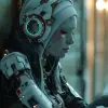 Elf Galadriel在黑暗中穿着机器人服装，戴着耳机，风格daz 3d、动漫艺术、青色和黑色、Ricoh ff-9d、sandalpunk、babycore --ar 4：5 --s 250 --v 6.0
