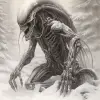 铅笔画的是一个有着大触手和爪子的外星异形，仰面躺在雪地里，特写镜头，复古风格，灰色背景，低角度视图，全身，高对比度，高分辨率，非常详细，准确的细节，准确的解剖学，没有阴影，详细的纹理--ar 51：64 --v 5.2 