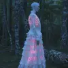 full body shot of an albino woman with transparent skin, glowing pink neon skeleton visible through the translucent dress in dark woods at night by James Jean and Hajime Sorayama, soft misty light --a